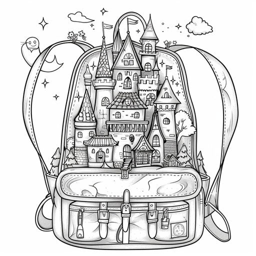 Whimsical backpack with fairy tale castle and characters inside
