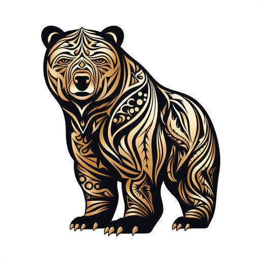 Black tribal bear drawing on white background, indigenous style