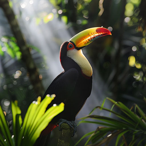 Striking profile of a toco toucan against backdrop of deep jungle and sun rays