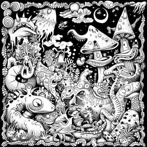 Grunge art tattoo with intricate patterns and hidden creatures, Basford-style