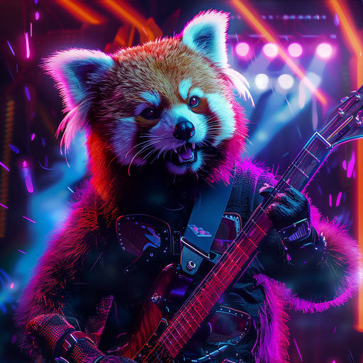 A red panda as a rock star performing a concert under neon lights