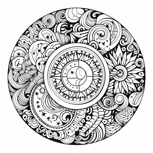 Circular coloring page with doodles and engraved ornaments