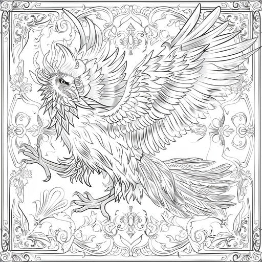 Majestic phoenix rising from ashes with elaborate feathers