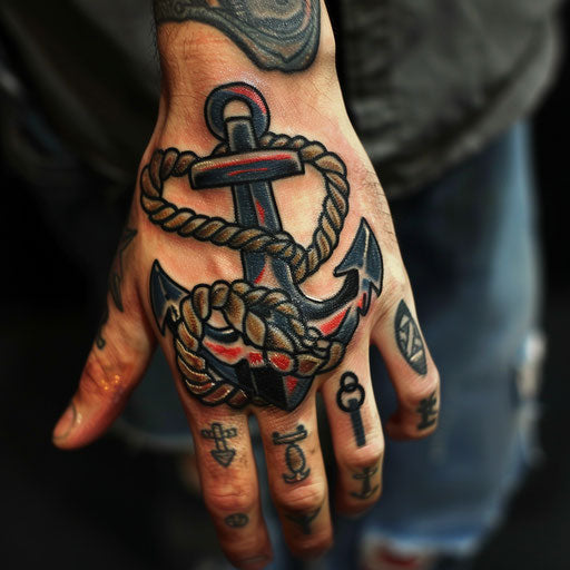 Hand tattoo designs of an anchor and ropes