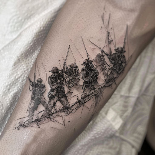 Battlefield scene with soldiers in intricate black ink tattoo