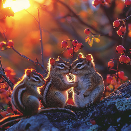 Chipmunks at sunset, vibrant colors and striking contrast