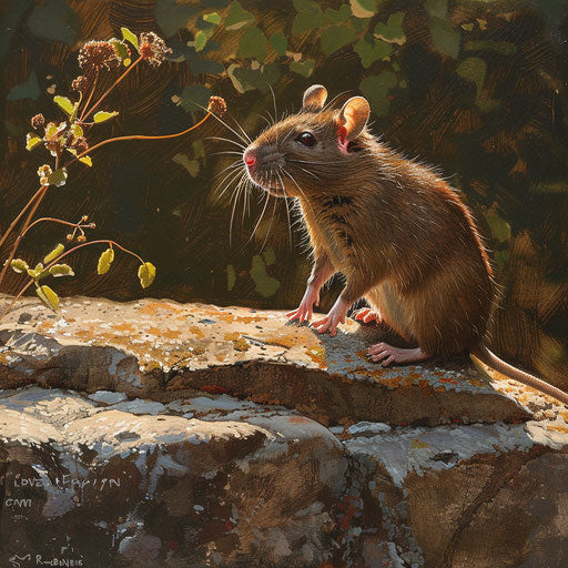 Brown rat on a sunlit stone