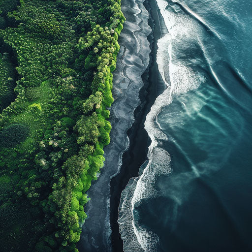 Black sand beach with dramatic shore and lush greenery