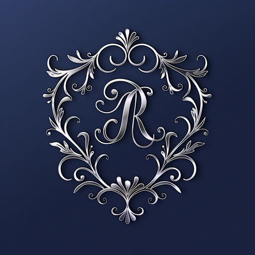 Company logo with monogram and delicate filigree on dark blue background