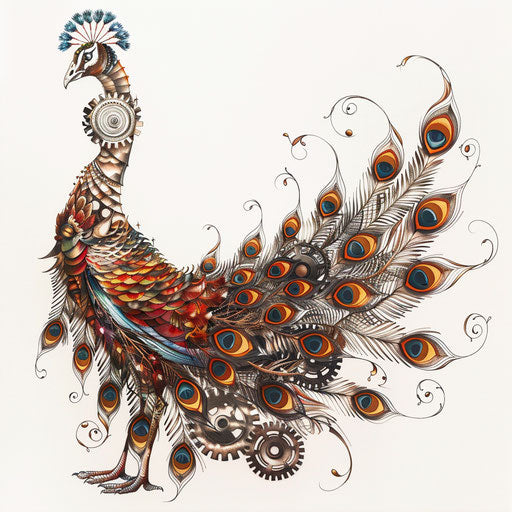 Elegant mechanical peacock tattoo design with metallic feathers and cogwheel tail, on white background