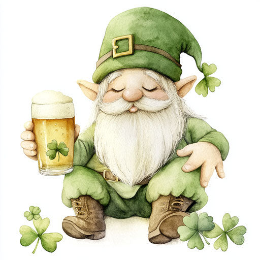 St. Patrick's Day dwarf drinking beer with clovers, in Nicoletta Ceccoli style