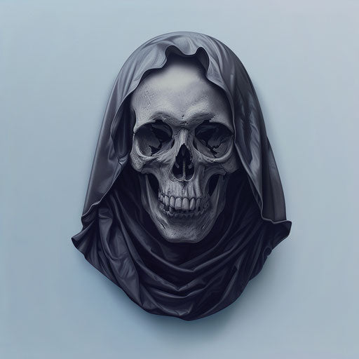 Death clipart in photorealistic style on a flat brandon blue background, soft focus and light texture