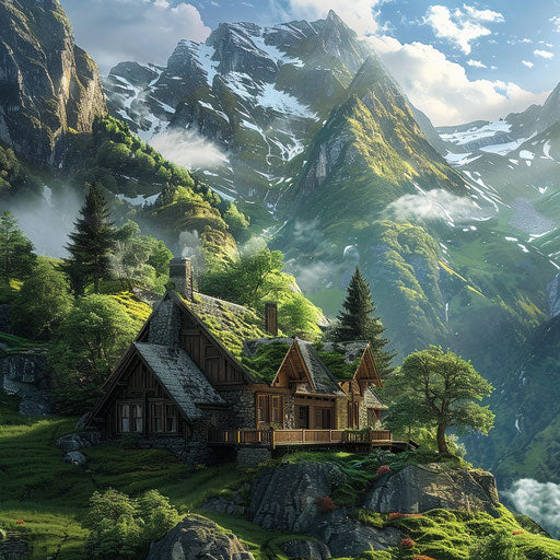 Mountain lodge in a lush green valley