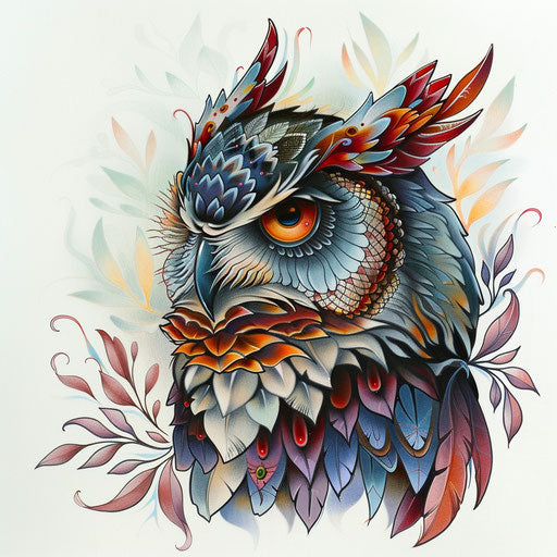 Sketch of a neo-traditional tattoo of a silver owl with rich colors.