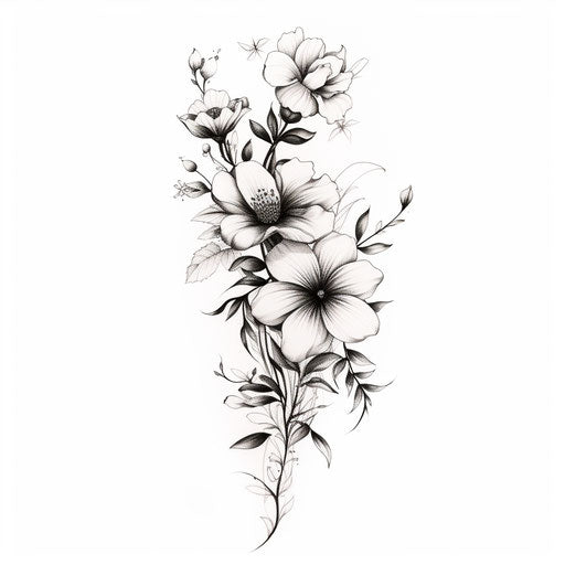 Drawing of flowers in black and white, tattoo-inspired style, pastoral charm, subtle tonalities