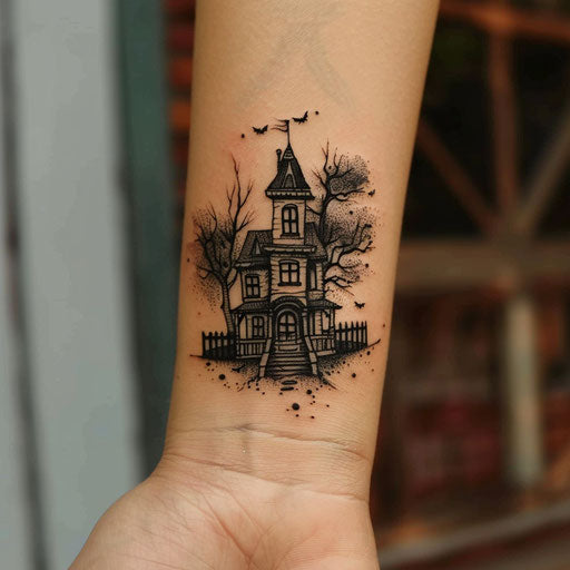 Tiny wrist tattoos of a haunted house