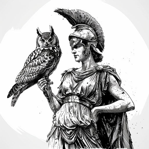 Athena and an owl in minimalist black and white sketch