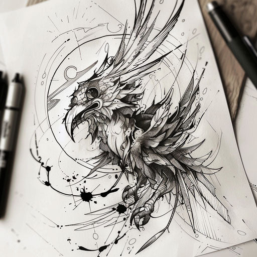 Contemporary tattoo sketch of a Tengu with minimalist aesthetic and bold outlines