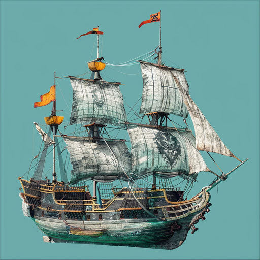 Realistic pirate ship clipart on flat teal background