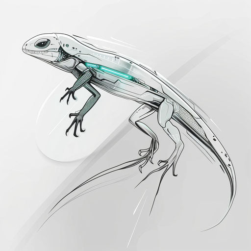 Futuristic flat tattoo sketch of a lizard with chrome effects and sleek lines