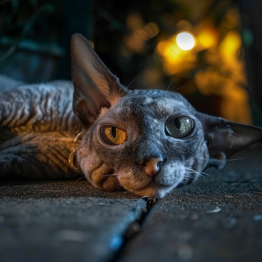 Cornish Rex cat laying outside at night