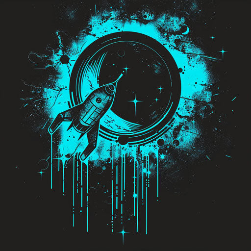 Space-themed eclipse with spaceship in neon blue and black