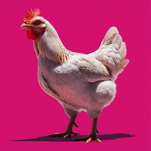 Hen on bright magenta background with intense color saturation