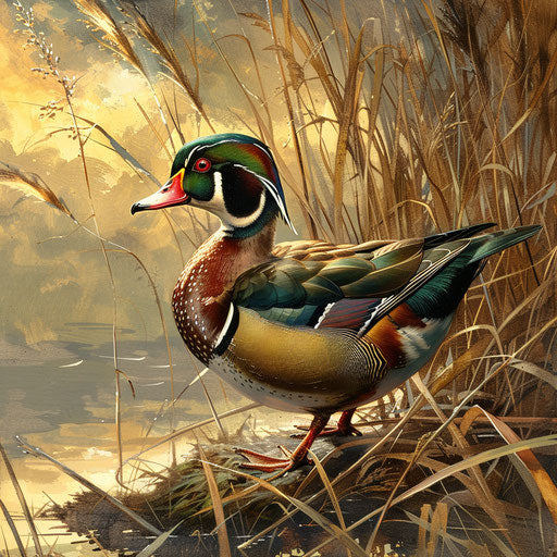 Wood duck resting on one leg in a marshland