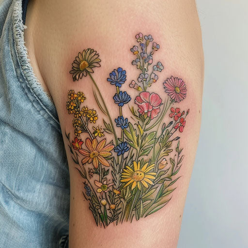 Wildflower meadow tattoo, soft pastel colors