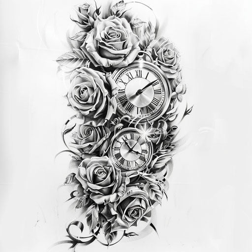 Tattoo sketch of a clock and roses in black and grey, full sleeve for men