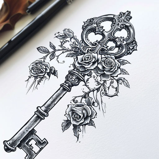 Detailed gothic key with bone and rose handle on white