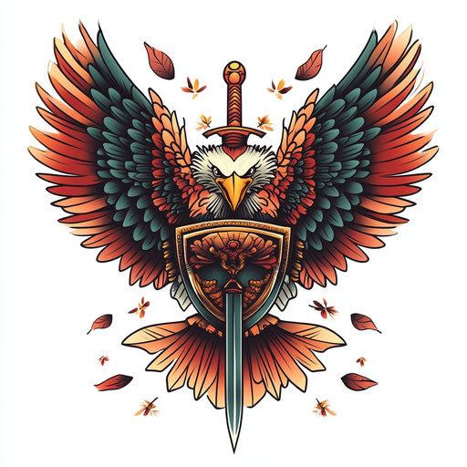 Chest eagle tattoo with sword and shield on white background