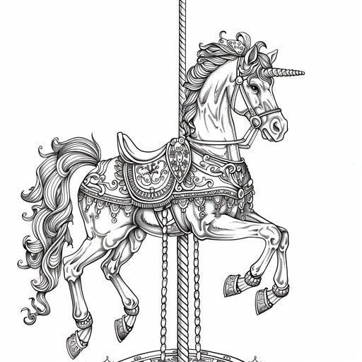 Whimsical carousel horse with ornate details. Coloring page