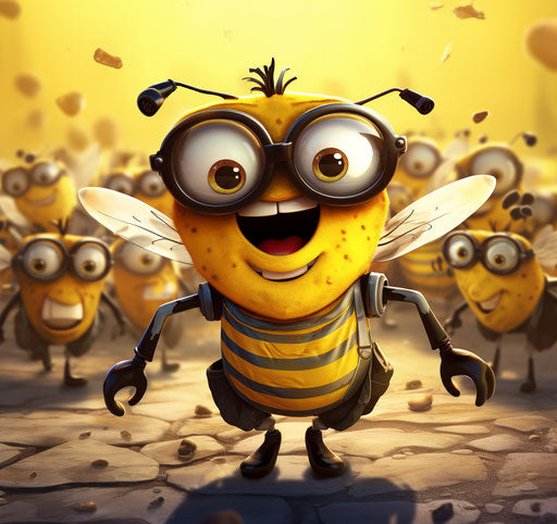 Cartoon bee with glasses in a group of people waving, smooth and shiny style
