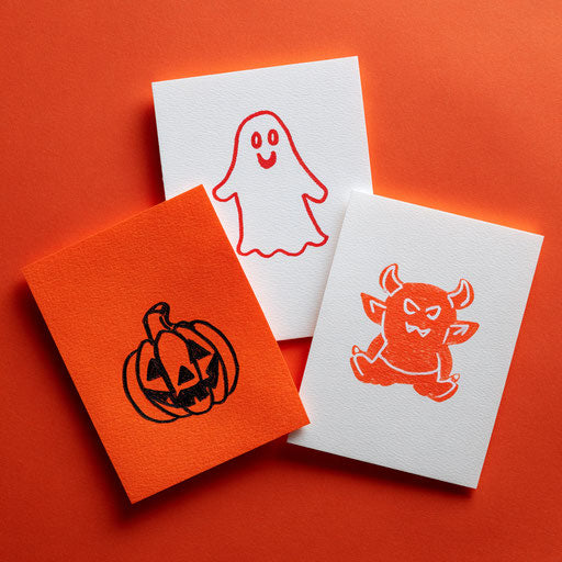 Three drawings: ghosts, pumpkin, and little devil