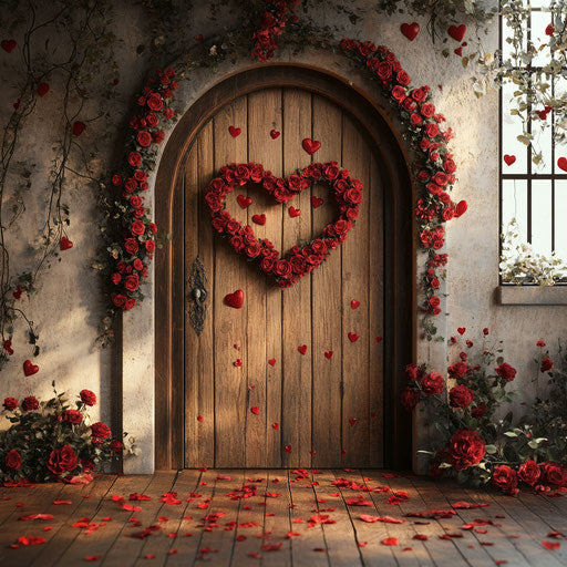 Valentine's Day backdrop with wooden door adorned with heart-shaped red roses and petals, flowers on the floor, and arched window on the wall.
