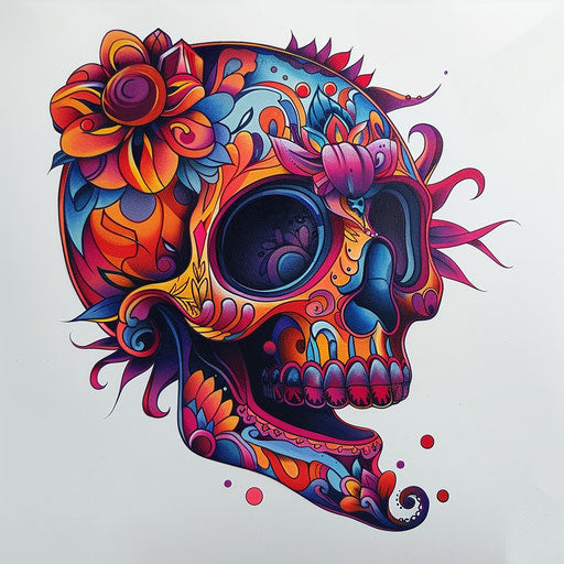 Flat clipart style tattoo sketch of a Calavera with vibrant sugar skull patterns