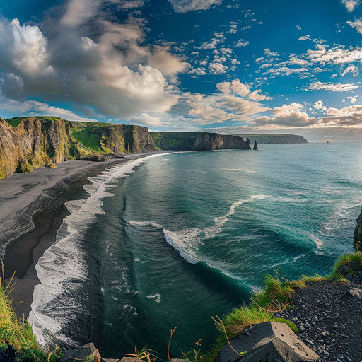 Black sand beach with dramatic cliffs and serene waters