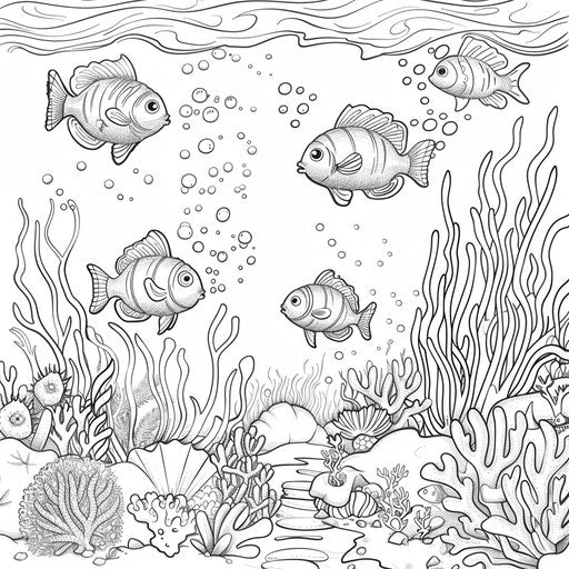 Whimsical underwater scene: fish painting coral reefs.