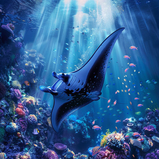 Manta ray gliding through the ocean with vibrant marine life
