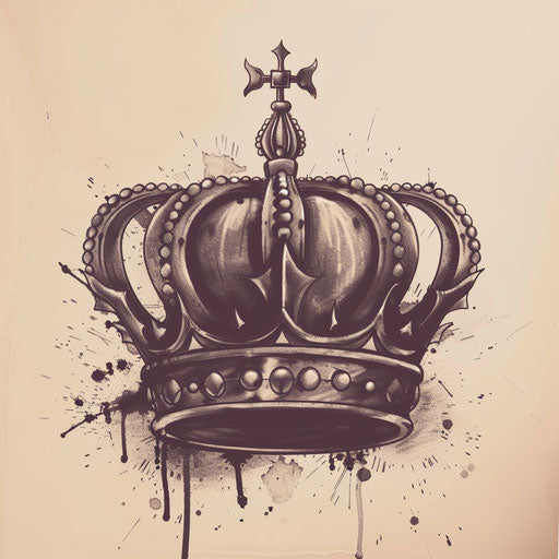 Hand-Drawn Queen Crown Tattoo in Sepia Tones on White