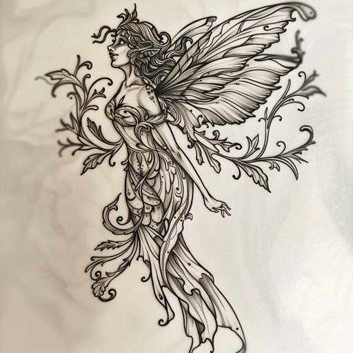 Fairy tattoo design inspired by Art Nouveau on white canvas