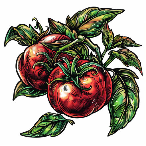 Illustration of Italian tomato and basil tattoo, vibrant colors on white background
