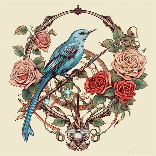 Tattooed bird with roses and arrows, light beige and sky-blue style