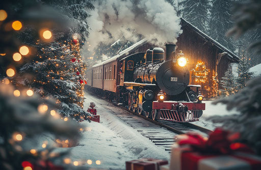 Vintage steam train chugging through snowy countryside