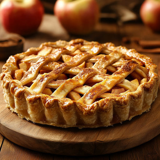 Golden apple pie with lattice crust on wooden board