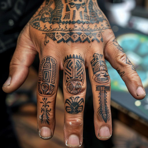 Ring finger tattoos with tribal elements