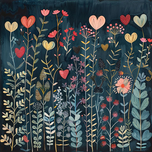 Romantic garden with heart-shaped plants and flowers