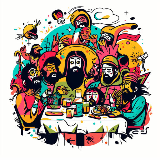 The Last Supper in flat tattoo style, colorful cartoon