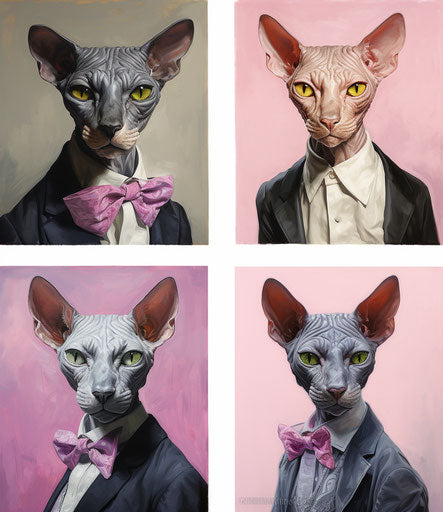 Sphynx cat with four pictures each, in the style of Tony DiTerlizzi, dark silver and light magenta, John White Alexander, sonian, synchromism, dignified poses, wavy 13:15